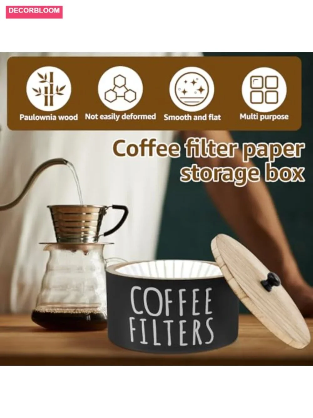 Wooden Coffee Filter Holder Storage with Bamboo Lid Rustic Organizer